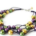 Multistrand Necklace With Glass Pearls On Waxed..