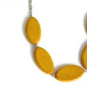 Chunky Wood Necklace in Mustard Yellow. Trendy Color, Big Oval Wood Beads