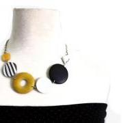 Chunky necklace in yellow, black and white lake shells and wood beads. Colorful necklace. Ready to ship.