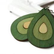 Green Wood Earrings in Teardrop Shape. Green and Beige Big Statement Earrings.Nickel Free Hooks.