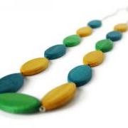 Long Wood Necklace, Teal, Lime Green and Mustard Yellow Beaded Necklace