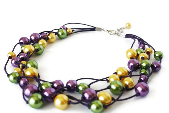 Multistrand Necklace With Glass Pearls On Waxed Cotton Cord. Very Chunky. Purple, Yellow And Green. Perfect Spring Fashion!