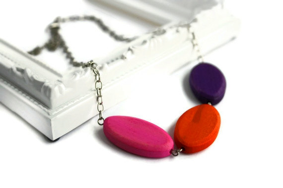 Chunky Bead Necklace. Girly Necklace With Wood Beads In Pink, Orange And Purple. Perfect Summer Fashion. Ready To Ship.