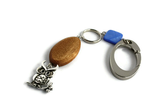 Beaded Keychain With Owl Charm. Blue And Brown Beaded Key Purse, Key Fob. Ready To Ship.