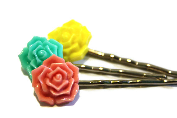 Flower Bobby Pins, Hair Accessory, Set Of Three Hairpins. Bright Colors, Pink, Aqua And Yellow. Ready To Ship.