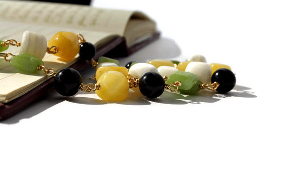 Beaded Gemstone Necklace Made Of Jade And Howlite In White, Apple Green, Sunny Yellow And Black. Spring Fashion. Ready To Ship.