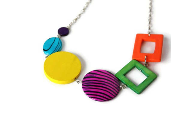 Rainbow Chunky Necklace, Geometric Jewelry, Wood Necklace In Bright Colors